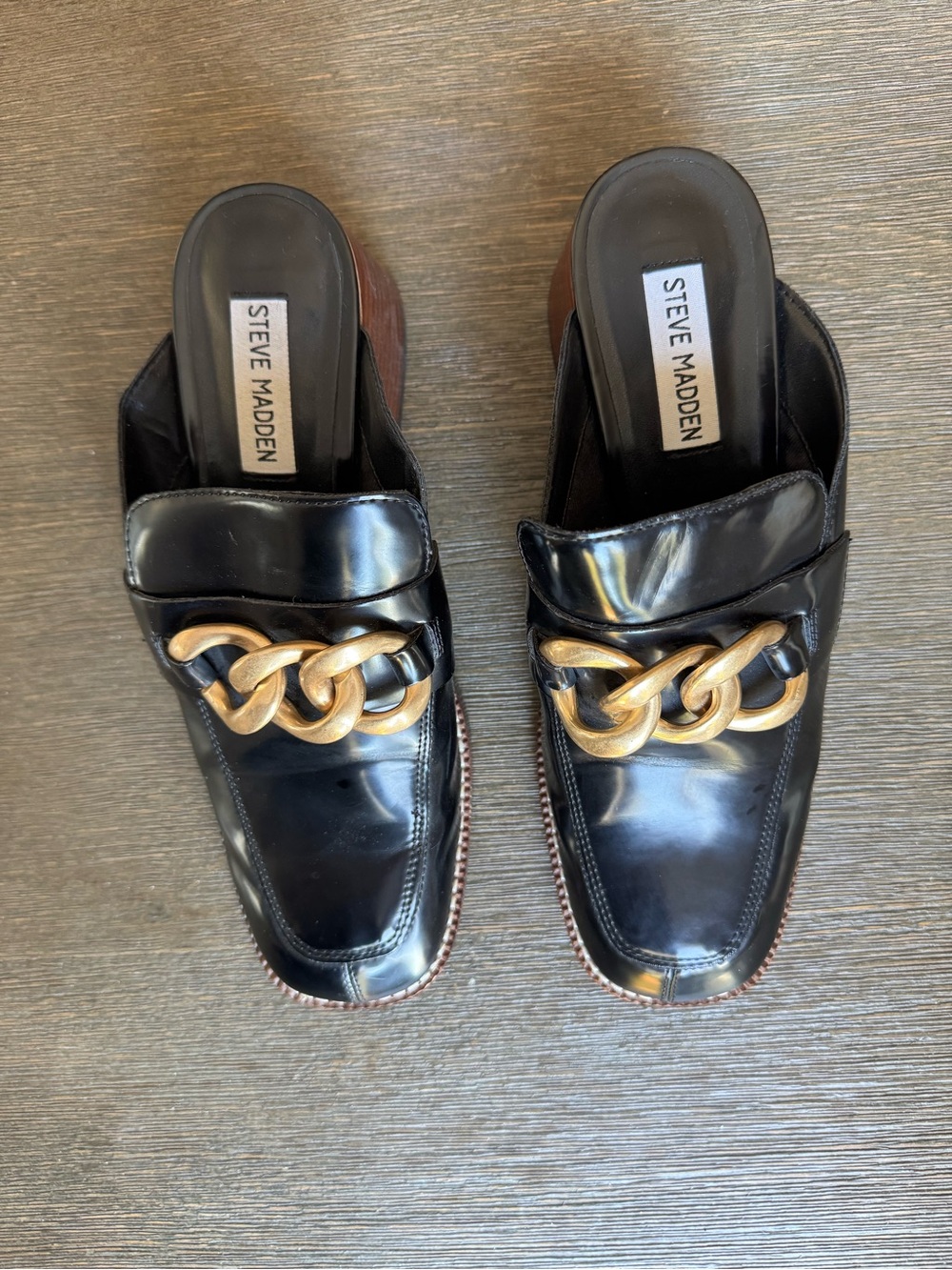 Steve Madden Black Leather Mules with Gold Chain Accent